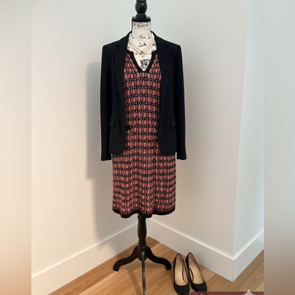 St. John Collection Red & Black Bouclé Knit Shift Dress